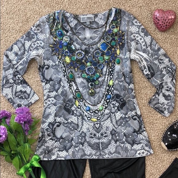 JM COLLECTION Petite Lace & Necklace w/Bling Top Sz Petite S - Picture 1 of 8